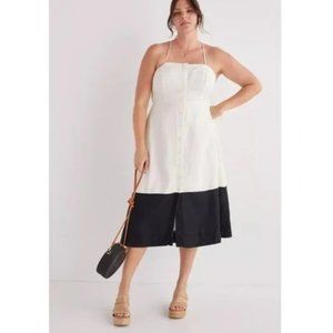 Maeve Anthropologie Black White Linen Button Front Open Smocked Back Maxi Dress